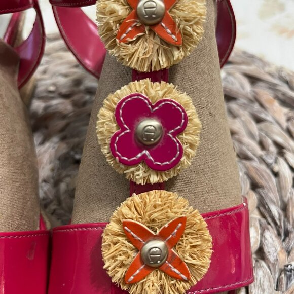 Etienne Aigner Pink Patent Leather Flower Embellished Espadrille Wedge Sandals 8 - Picture 3 of 13
